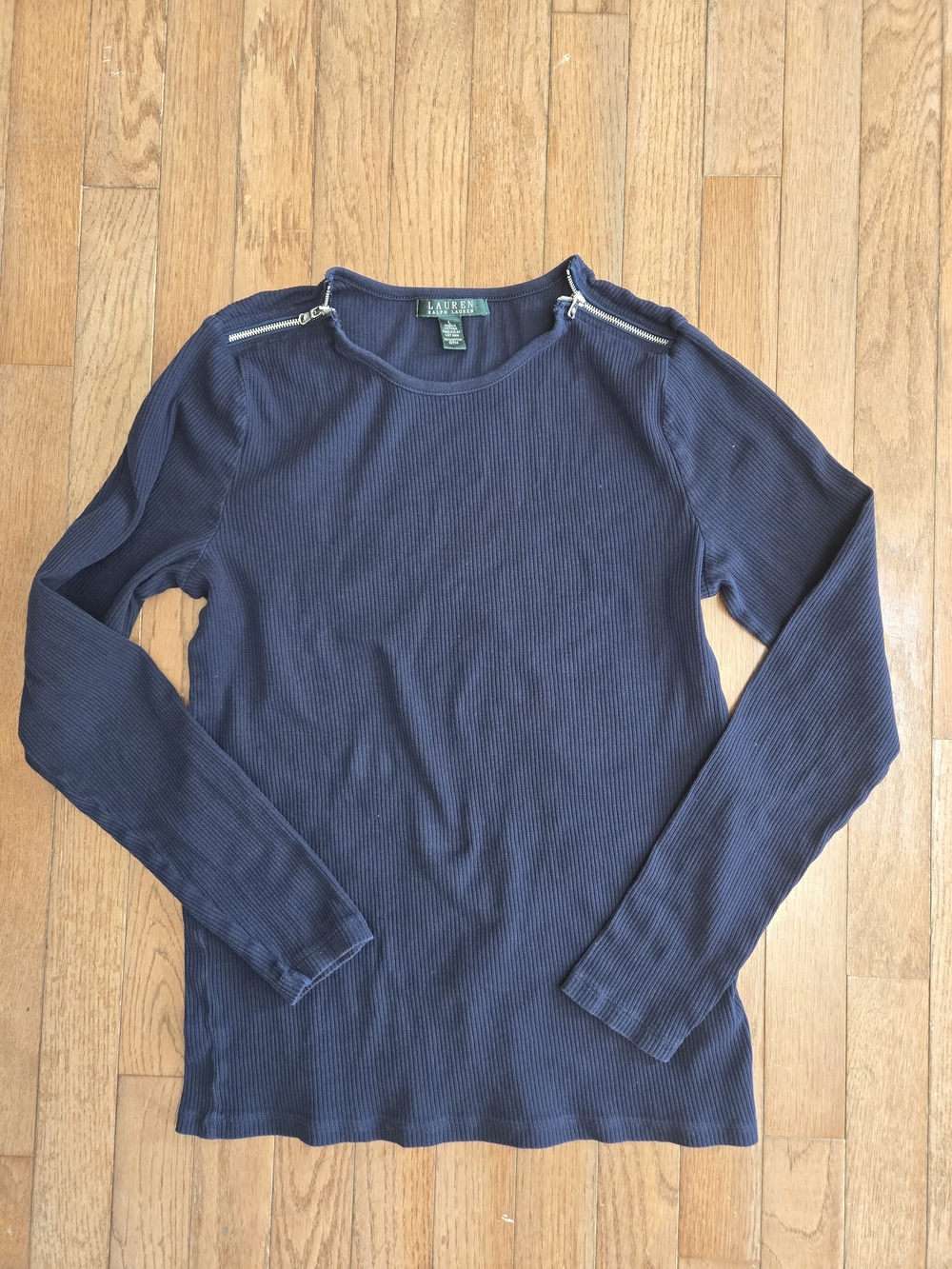 Ralph Lauren Navy Ribbed Crewneck Sweater with Shoulder Zips